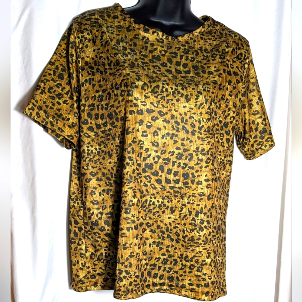 Frye Women's Leopard Print Short Sleeve‎ Top, Made in USA, Layering Piece, Sz M
